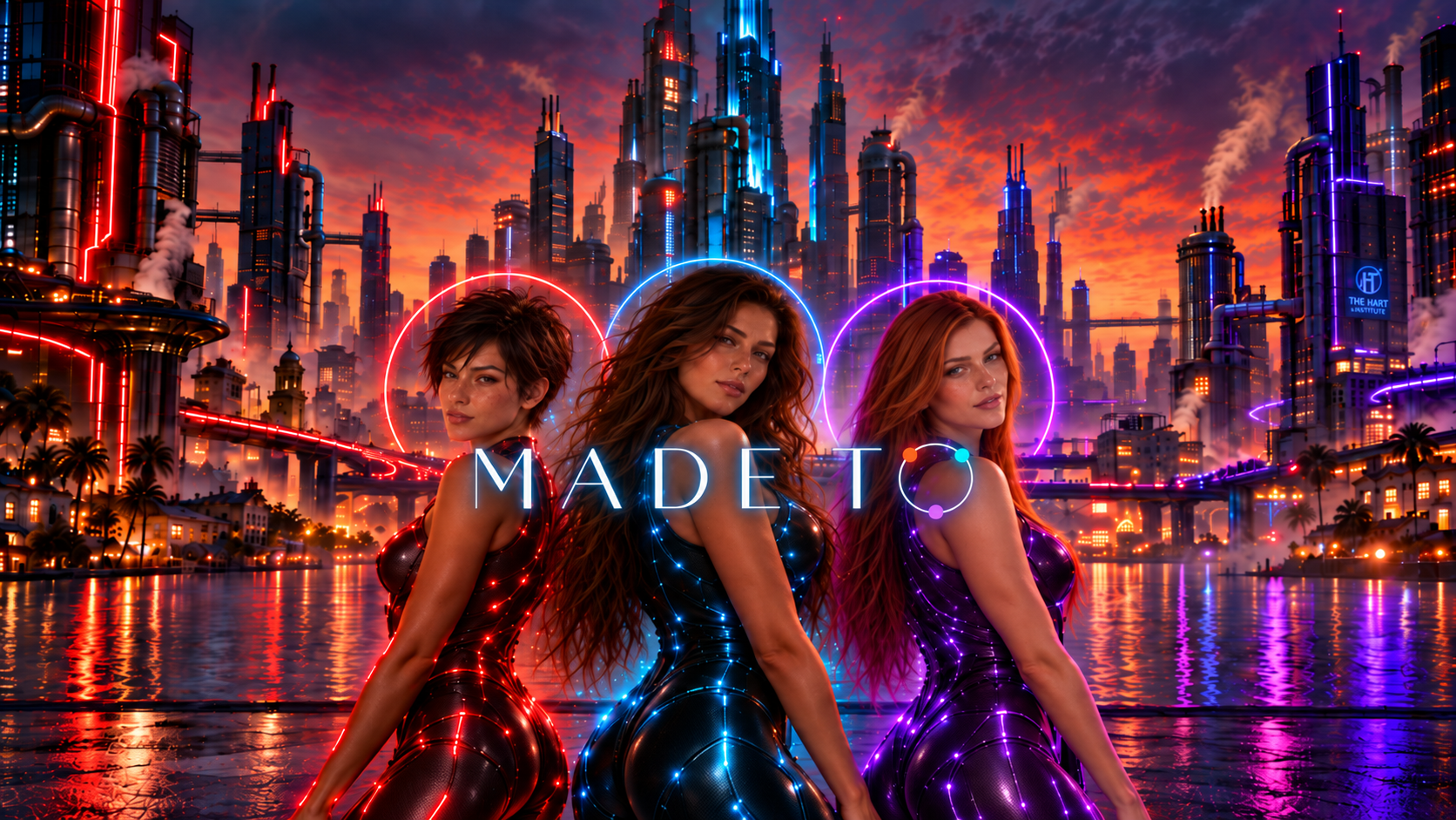 The Made To Series banner showing the three central women against a neon futuristic city skyline.